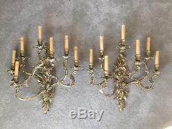 Antique French Rococo Louis XV Style Bronze Brass 7 Light Wall Sconces Pair