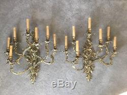 Antique French Rococo Louis XV Style Bronze Brass 7 Light Wall Sconces Pair