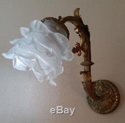 Antique French Rose Petal Wall Sconce Bronze Brass Ornate Gold Gilt Glass Shade