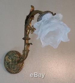 Antique French Rose Petal Wall Sconce Bronze Brass Ornate Gold Gilt Glass Shade