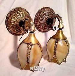 Antique French Slag Tiffany Glass Tulip Brass Wall Sconces- Pair