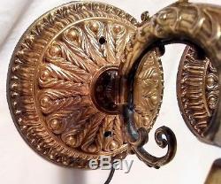 Antique French Slag Tiffany Glass Tulip Brass Wall Sconces- Pair