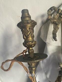 Antique French Wall Light Sconce. Gilded Metal Ormolu, Triple Arms, Chateau Chic
