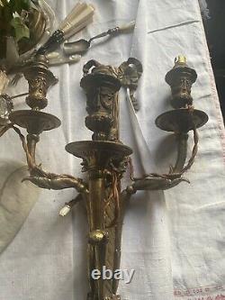 Antique French Wall Light Sconce. Gilded Metal Ormolu, Triple Arms, Chateau Chic
