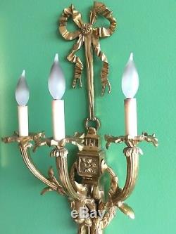 + Antique French Wall Sconce Solid Brass Gilt Candelabra Gold Sevigne Bow Lamp+