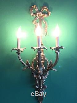 + Antique French Wall Sconce Solid Brass Gilt Candelabra Gold Sevigne Bow Lamp+