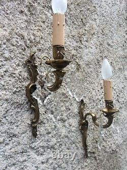 Antique French crystal Wall Sconce prisms gilded Brass bronze Pair light wall