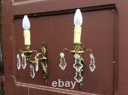 Antique French crystal Wall Sconce prisms gilded Brass bronze Pair light wall