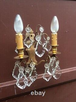 Antique French crystal Wall Sconce prisms gilded Glass bronze 2 Arm light wall