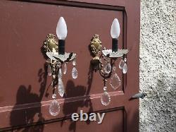 Antique French crystal Wall Sconce prisms gilded Glass bronze light Fixture wall