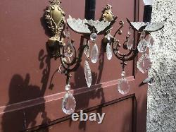Antique French crystal Wall Sconce prisms gilded Glass bronze light Fixture wall