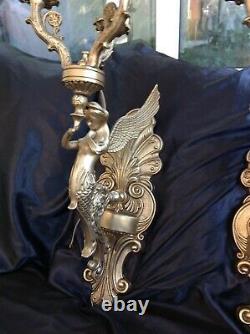 Antique French pair wall lights bronze mythical mermaid figure large size