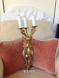 Antique French pair wall lights bronze mythical mermaid figure large size