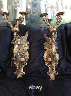Antique French pair wall lights bronze mythical winged mermaid figure large size