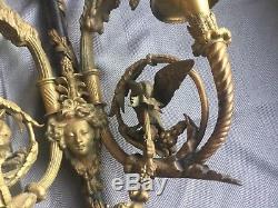 Antique Gas Pair French Directoire Bronze Figural Wall Sconces Goat Bird Faces