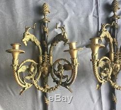 Antique Gas Pair French Neoclassical Bronze Figural Wall Sconces Goat