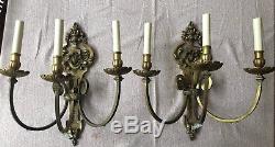 Antique Georgian Bronze French Pair Wall Sconces Crystal 3 Arm Rewired