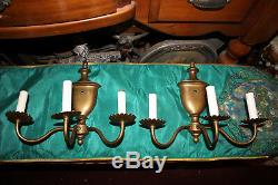 Antique Georgian Style Brass Metal 3 Arm Wall Sconce Light Fixtures-Pair-Simple