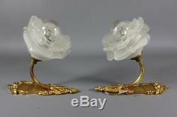Antique Gilt Bronze French Wall Sconce PAIR Rose Petal Glass Shades 1920s