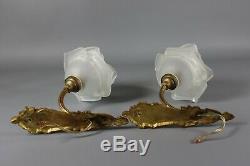 Antique Gilt Bronze French Wall Sconce PAIR Rose Petal Glass Shades 1920s