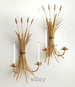 Antique Gold Iron Wheat Sheaf Sconce Pair Candle Holder Wall Light Set Of 2