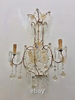 Antique Italian Crystal Sconces Wall Lights Murano Glass Flowers Beaded Gilt