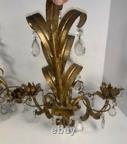 Antique Italian Gold Gilt Leaf/Crystal Prism Drops Candle Wall Scones 64 Cystals