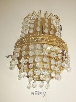 Antique Italian Petite Empire Brass Prisms Chandelier Sconces Wall Lamps pair
