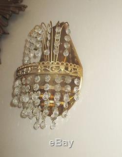 Antique Italian Petite Empire Brass Prisms Chandelier Sconces Wall Lamps pair