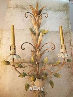 Antique Italian ToleToleware Metal Candlestick Holder Wall Sconce Floral Painted