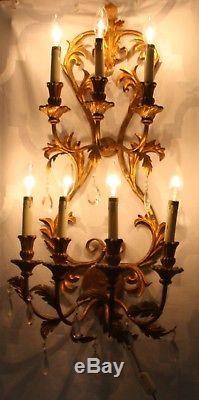 Antique Italian Tole Gold Gilt 7 Arm Electric Wall Sconce With Crystal Prisms