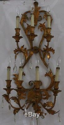 Antique Italian Tole Gold Gilt 7 Arm Electric Wall Sconce With Crystal Prisms