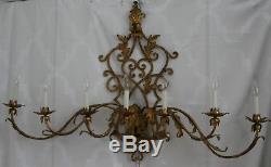 Antique Italian Tole Gold Gilt Wide Electric Wall Sconce