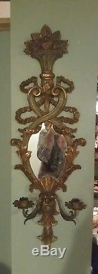 Antique Italian Wall Sconce Carved Wood Gold Gilt With Mirror & 2 Metal Candle