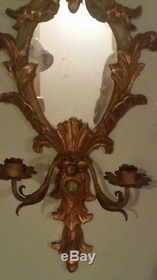 Antique Italian Wall Sconce Carved Wood Gold Gilt With Mirror & 2 Metal Candle
