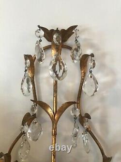 Antique Italian gold tole wall sconce dripping in crystals electric or candles