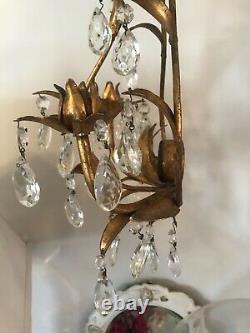 Antique Italian gold tole wall sconce dripping in crystals electric or candles