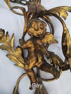 Antique Italy Gold Tole Cherub Leaves Vine 3 Light Wall Sconce Large 36x19