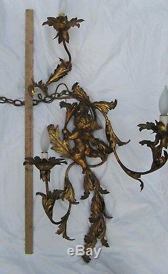 Antique Italy Gold Tole Cherub Leaves Vine 3 Light Wall Sconce Large 36x19