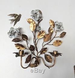 Antique Metal Floral Wall Candle Sconces Gold White Hollywood Regency