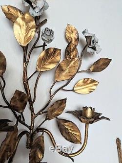 Antique Metal Floral Wall Candle Sconces Gold White Hollywood Regency