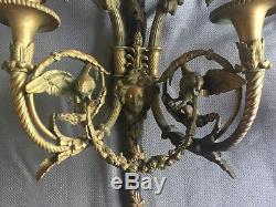 Antique Old Gas Pair French Neoclassical Dore Bronze Figural Wall Sconces Goat