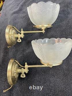 Antique Original Pair Converted Gas Wall Lights Sconces With Shades