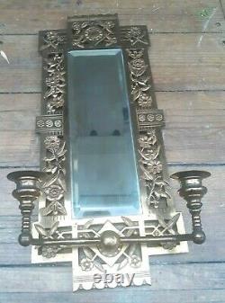 Antique Ornate Wall Beveled Mirror Candle Holder Sconce Bronze Heavy Cherub 1885