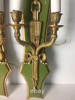 Antique PAIR Brass Wood Bow sconces double arm wall lights 21