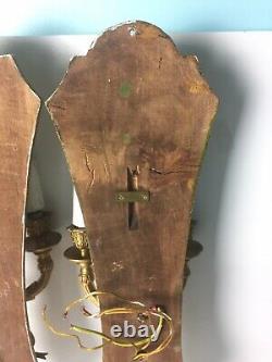 Antique PAIR Brass Wood Bow sconces double arm wall lights 21
