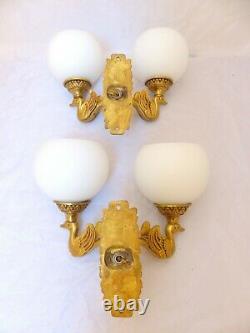 Antique PAIR French Empire Wall Light Sconce 2 Lights Swan Bronze 1940 Opaline