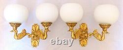 Antique PAIR French Empire Wall Light Sconce 2 Lights Swan Bronze 1940 Opaline