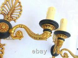 Antique PAIR French Empire Wall Light Sconce 2 Lights Swan Gilded Bronze 1900