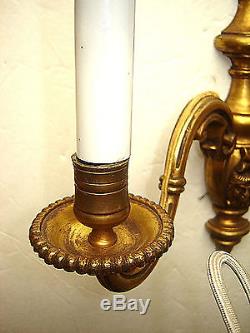 Antique PAIR French Figural Bronze Wall Lights Sconces Original Glass Sleeves